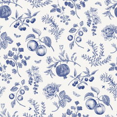 Fototapete Kleine Blumenmuster Herbstliches Beerenmuster in Blau Weiß  © OlgaKorneeva