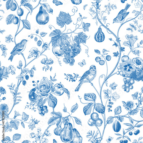Seamless pattern. Fruit and flowers. Chinoiserie inspired. Vector vintage illustration. Blue and white