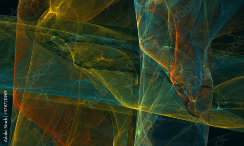 Chaotic harmony of digital multilayered 3d substance in blue yellow green orange hues. Artistic canvas or texture. Great as cover design for wrapping electronic devices, wall art, print or background