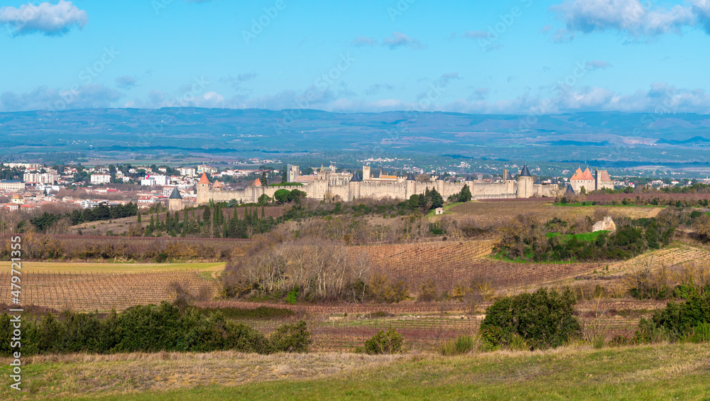 Landscape of Aude with the unique medieval fortress of Carcassonne (France), which is on the UNESCO World Heritage List.