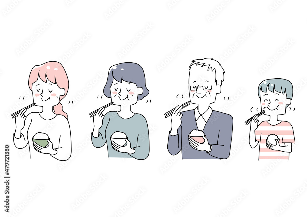 よく噛んで食事をとるさまざまな年代の人物のセット 温かみのある手描きの人物イラスト よく噛んで食事をとるさまざまな年代の人物のセット 温かみのある手描きの人物イラスト