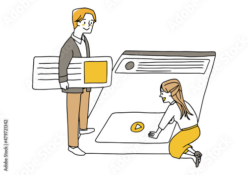 ウェブサイトやモバイルアプリのインターフェイスを作成するデザイナーの男性と女性　手描きの人物イラスト