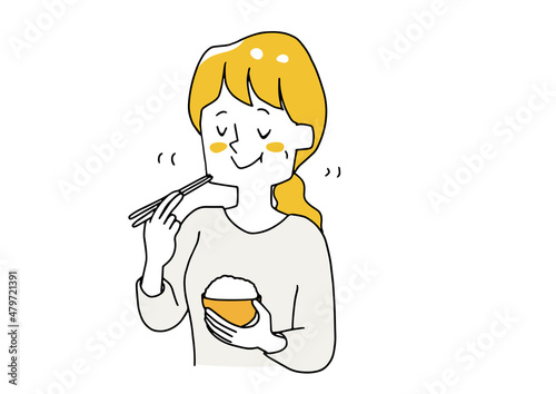 よく噛んで食事をする若い女性　あたたかみのある手描きの人物ベクターイラスト