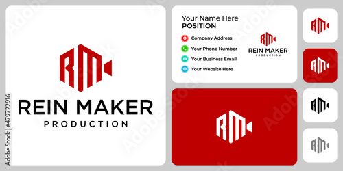 Letter R M monogram film production logo design with business card template.