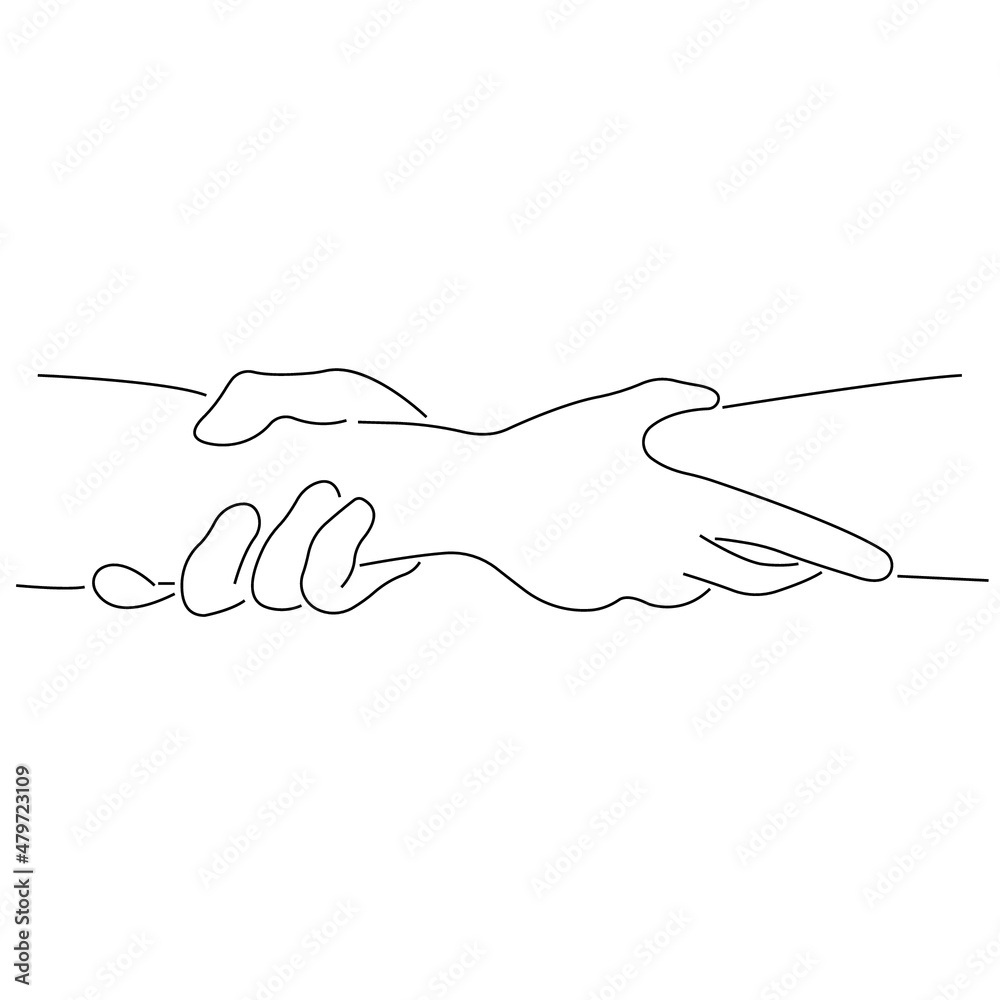 Fototapeta Contour gesture two hands holding each other tightly. A sign of help and hope. Silhouette black linear style on a white background. Isolated vector design