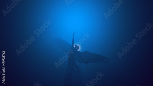 3d illustration of a fallen angel striving for light