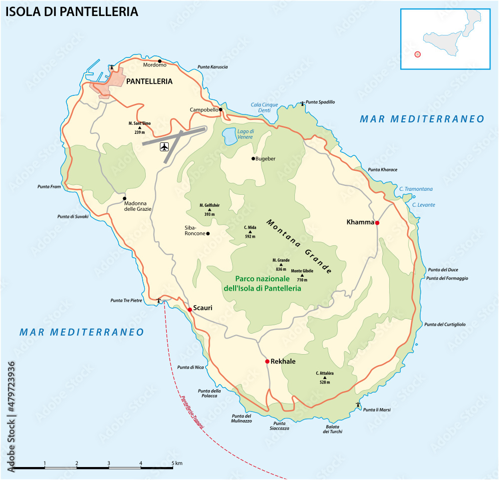 Obraz premium Vector road map of the Italian volcanic island of Pantelleria, Sicily, Italy