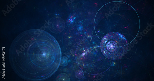 Abstract festive background with glowing blue and pink circles. Fantastic glowing fractal shapes. Festive wallpaper. Digital fractal art. 3d rendering.
