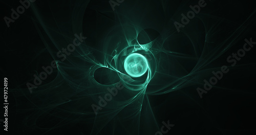 Abstract glowing swirl shapes on dark background. Fantastic fractal shapes background. Generative art. 3d rendering.