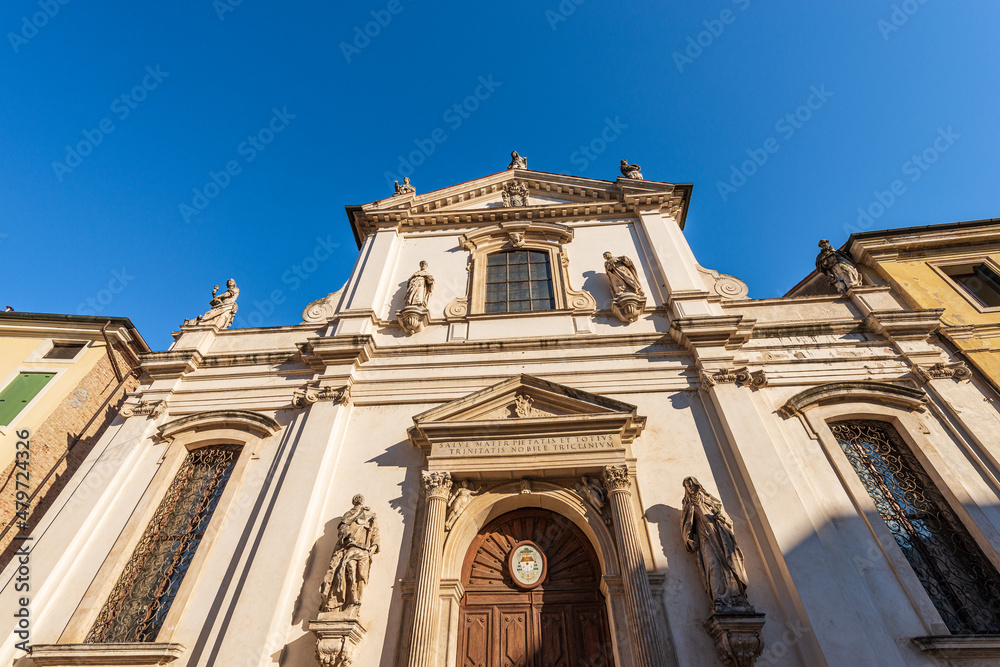 Vicenza. Main facade of the Church of Santa Maria dei Servi (Chiesa di Santa Maria in Foro detta dei Servi) in Renaissance style, 1407-1425, Piazza dei Signori, Veneto, Italy, Europe.