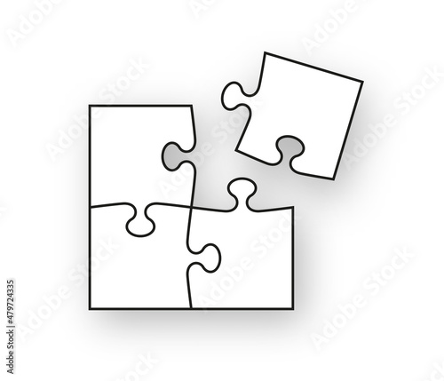 Puzzle pieces. Jigsaw outline grid. Scheme for thinking game. Simple mosaic background with separate shapes. Cutting template with 4 details. Frame tiles. Vector illustration.