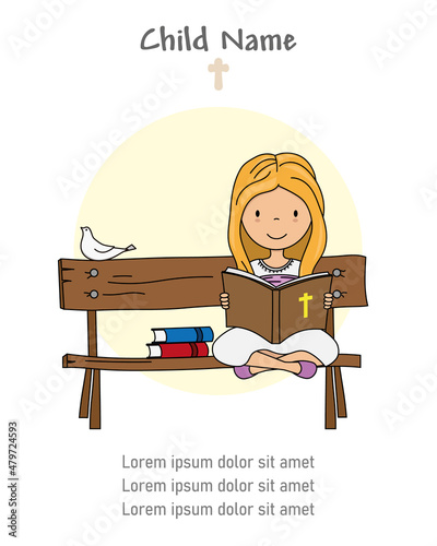 First communion card. Girl sitting on a bench reading the bible