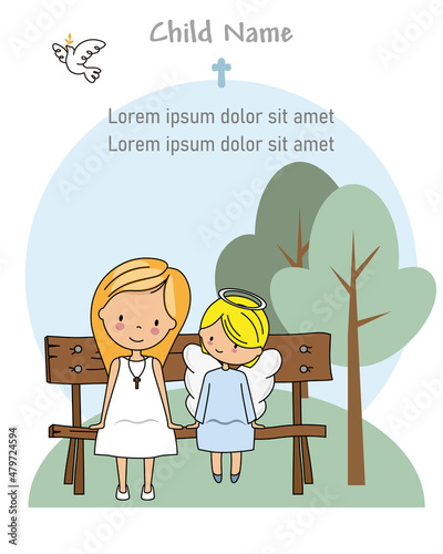 First communion card. Girl and angel sitting on a bench.