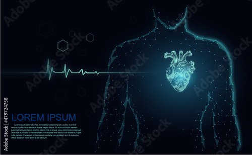 Men Silhouette Heart Health Heartbeat 3D Pill Model Low Poly Dark Background Glowing Dots Triangles Connected Dots Pulse Inside the body of modern innovation technology rendering vector illustration
