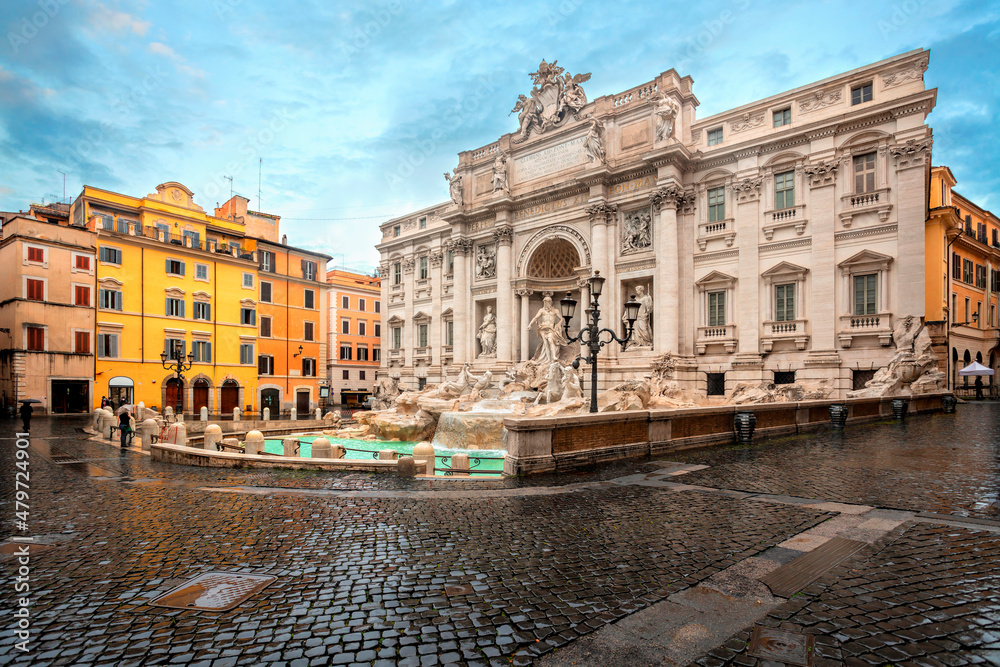 Fototapeta premium Trevi Fountain (Fontana di Trevi) in the morning light in Rome, Italy. Trevi is most famous fountain of Rome. Architecture and landmark of Rome.