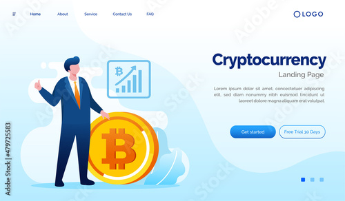 Bitcoin cryptocurrency investment landing page. Marketplace website illustration flat vector template. Mining crypto