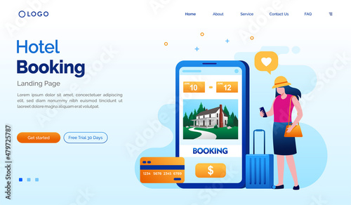 Hotel booking concept. holiday and trip landing page website illustration vector flat design. Vacation