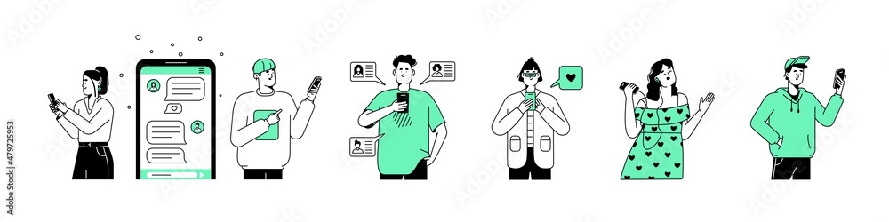 People and mobile phones set. Men and women using smartphones, social media, text messages. Lineart persons with cellphones, telephones. Flat graphic vector illustrations isolated on white background People and mobile phones set. Men and women using smartphones, social media, text messages. Lineart persons with cellphones, telephones. Flat graphic vector illustrations isolated on white background