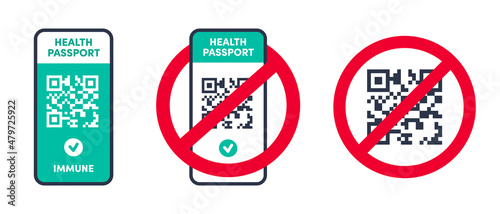 No QR code vector sign set. QR code on smartphone screen in red crossed out circle icon. Protest against QR code restrictions symbol