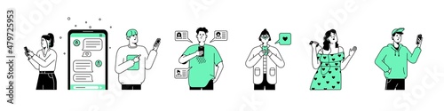 People and mobile phones set. Men and women using smartphones, social media, text messages. Lineart persons with cellphones, telephones. Flat graphic vector illustrations isolated on white background