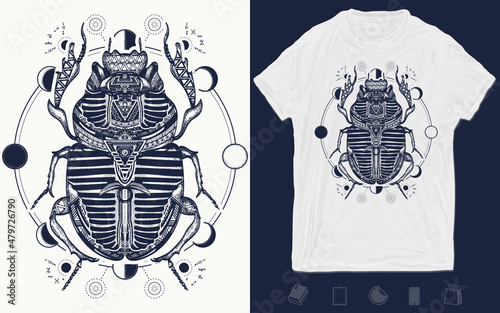 Scarab tattoo. Ancient Egypt art. Spiritual symbol of pharaoh, god Ra, t-shirt design. Vector graphics template. Hand drawn illustration