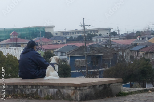 犬と散歩中に公園で休憩をする老人