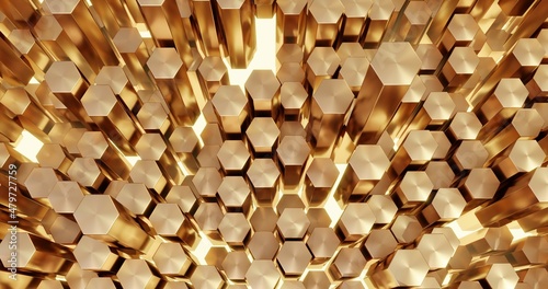 Hexagon Cell Honeycomb Gold 3D Rendering Reflection Background Motion
