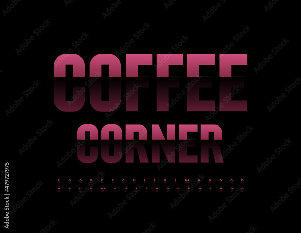 Vector stylish sign Coffee Corner with modern dark Font. Elegant Alphabet Letters and Numbers set