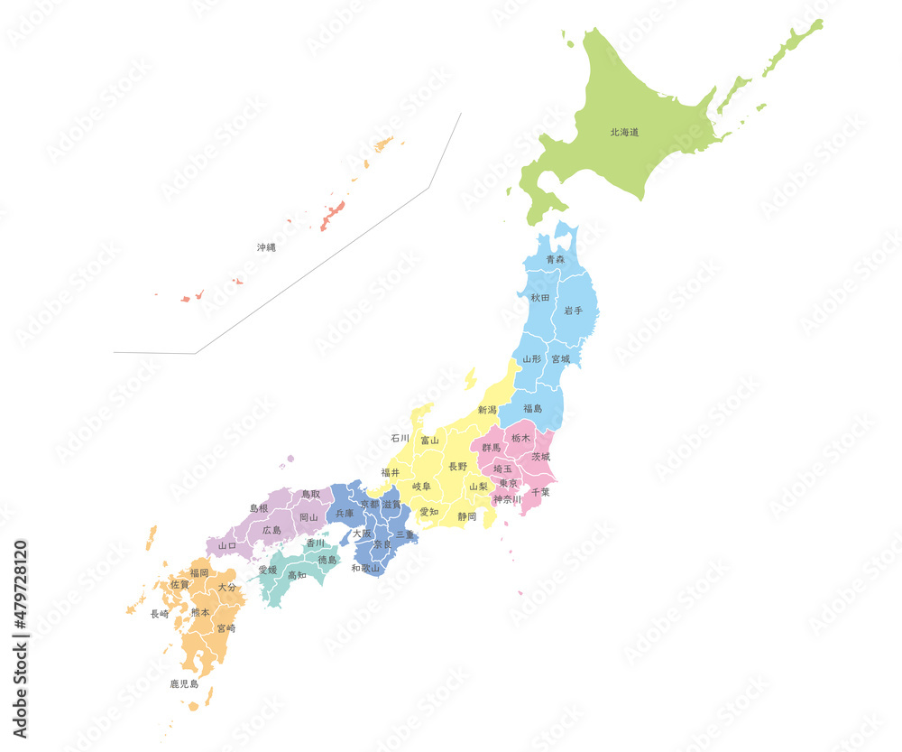 Stockvector 地方で色分けされた日本地図 日本語 Adobe Stock