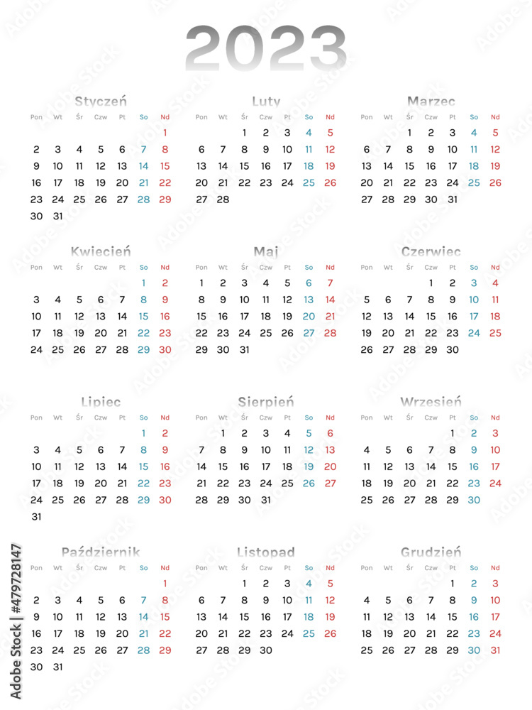 Calendar for 2023 year gray gradient with polish characters Calendar for 2023 year gray gradient with polish characters