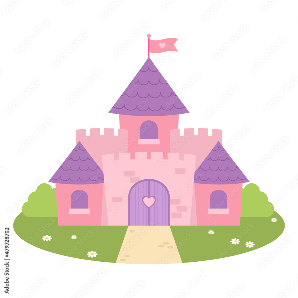 Cute pink fairy tale castle. Flat vector cartoon design Cute pink fairy tale castle. Flat vector cartoon design