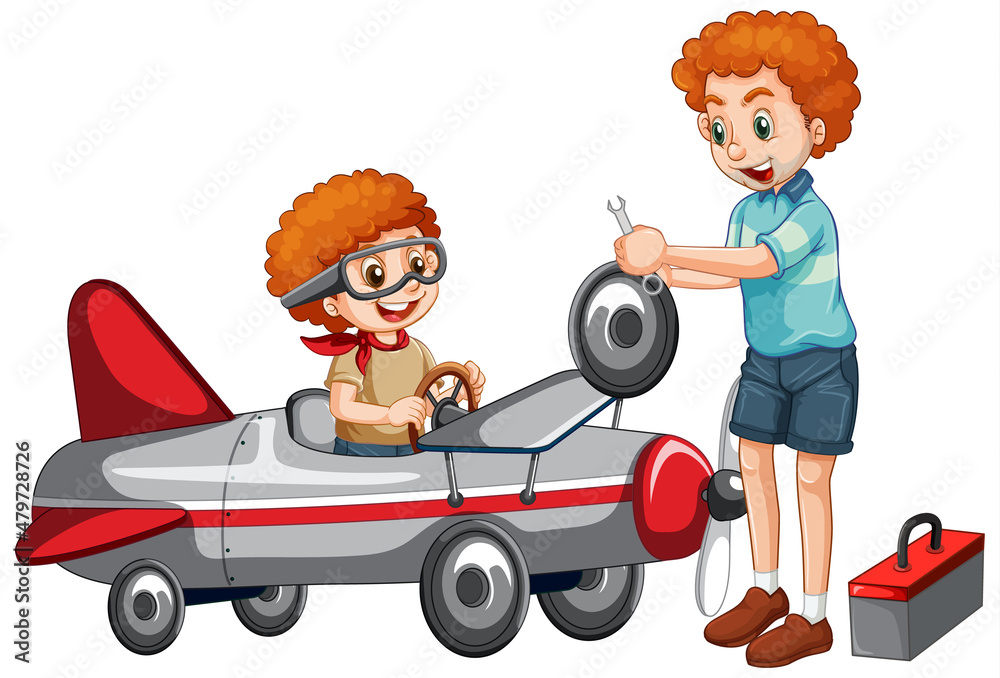 Children fixing a plane together Children fixing a plane together