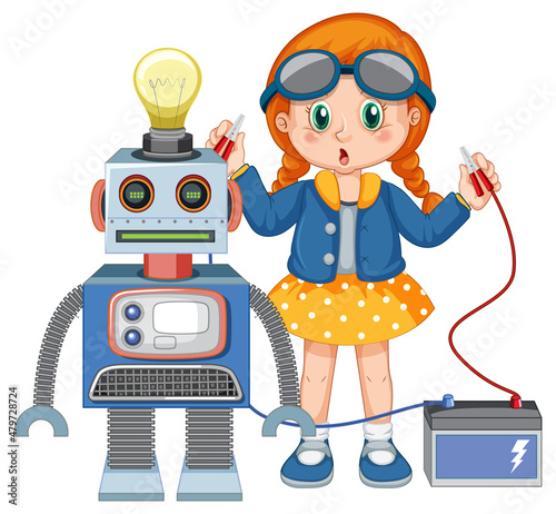 Young girl fixing a robot