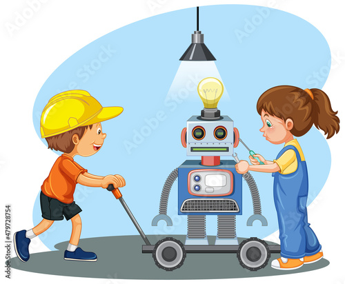 Children fixing a robot together in the room scene