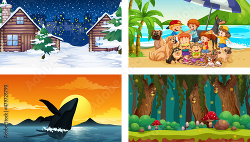 Four different scenes with children cartoon character