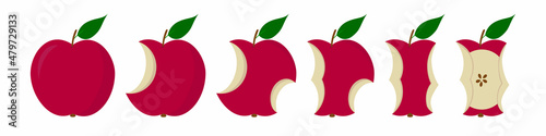 Red apple fruit bite stage set. From whole to apple core. Bitten and eaten. Animation progression. Flat vector illustration on white background