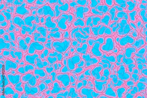 Abstract illustration of layers of different size pink and blue hearts. Love concept.