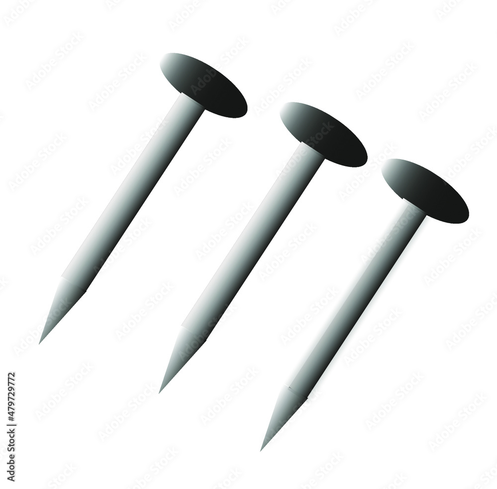 Set of vector illustration for construction, three iron nails isolated on white background. Set of vector illustration for construction, three iron nails isolated on white background.