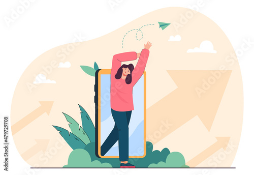 Young female person walking out of huge mobile phone. Time limit on smartphone use flat vector illustration. Digital detox, technology, lifestyle concept for banner, website design or landing web page
