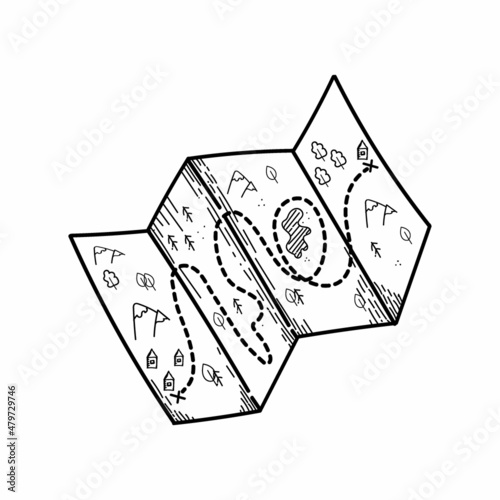 Paper folding map with route editable doodle hand drawn icon. Map for camping, hiking, local tourism illustration.