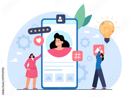 Woman with personal brand managing online presence or identity. Brand awareness, digital branding or marketing flat vector illustration. Internet, management concept for banner or landing web page © PCH.Vector