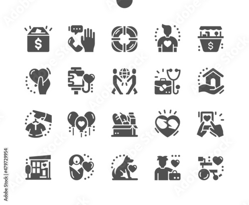 Charity. Voluntary service. Blood donation. Save world. Health check. Shelter. Food and clothes donation. Vector Solid Icons. Simple Pictogram