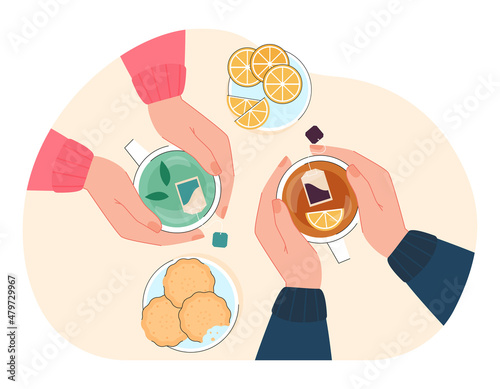 Top view of hands with cups of tea in cafe or cafeteria. People drinking herbal tea with lemon, healthy drink flat vector illustration. Beverage, morning concept for banner or landing web page
