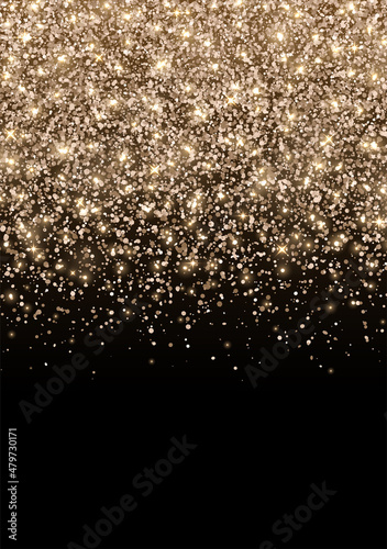 Bronze gold sparkling scattering glitter on black background vertical flyer. Vector