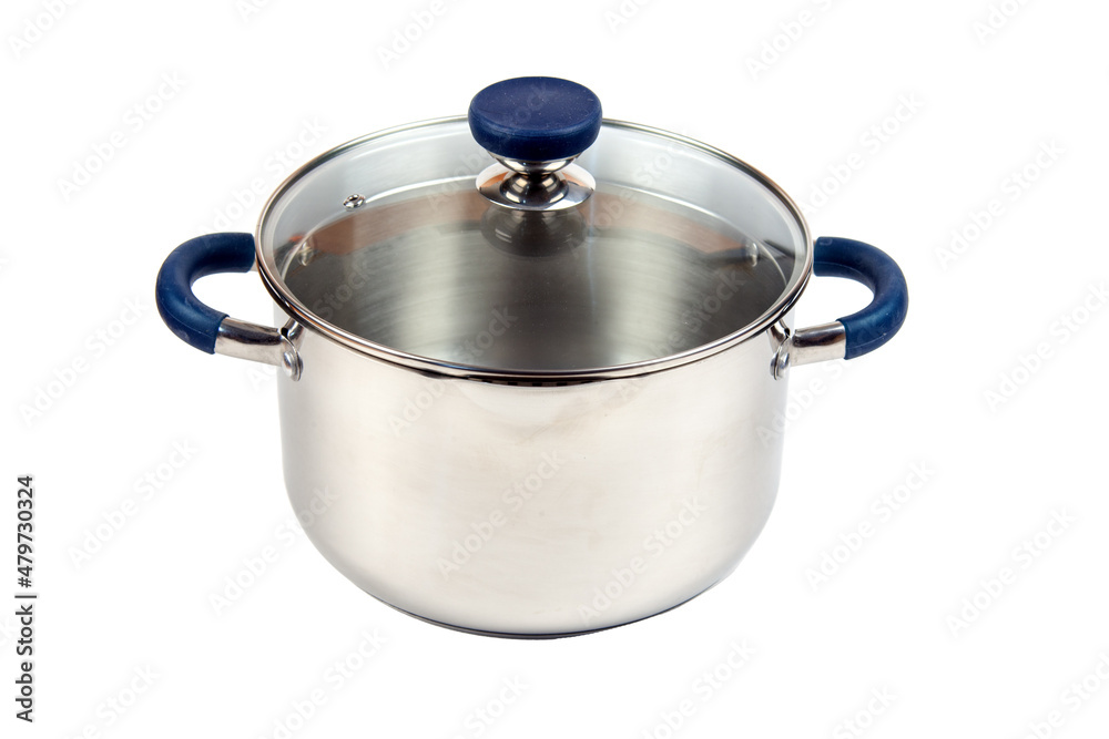Metal saucepan with a glass lid for cooking soup, food. made of stainless steel. kitchen utensils with a thick bottom for electric, infrared, induction or gas stoves. On an isolated white background. Metal saucepan with a glass lid for cooking soup, food. made of stainless steel. kitchen utensils with a thick bottom for electric, infrared, induction or gas stoves. On an isolated white background.