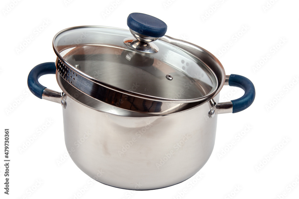 Metal saucepan with a glass lid for cooking soup, food. made of stainless steel. kitchen utensils with a thick bottom for electric, infrared, induction or gas stoves. On an isolated white background Metal saucepan with a glass lid for cooking soup, food. made of stainless steel. kitchen utensils with a thick bottom for electric, infrared, induction or gas stoves. On an isolated white background