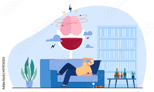 Brain of drunkard waking up with hangover. Man with headache after sleeping, bottles of strong alcohol or liquor flat vector illustration. Alcohol, health concept for banner or landing web page