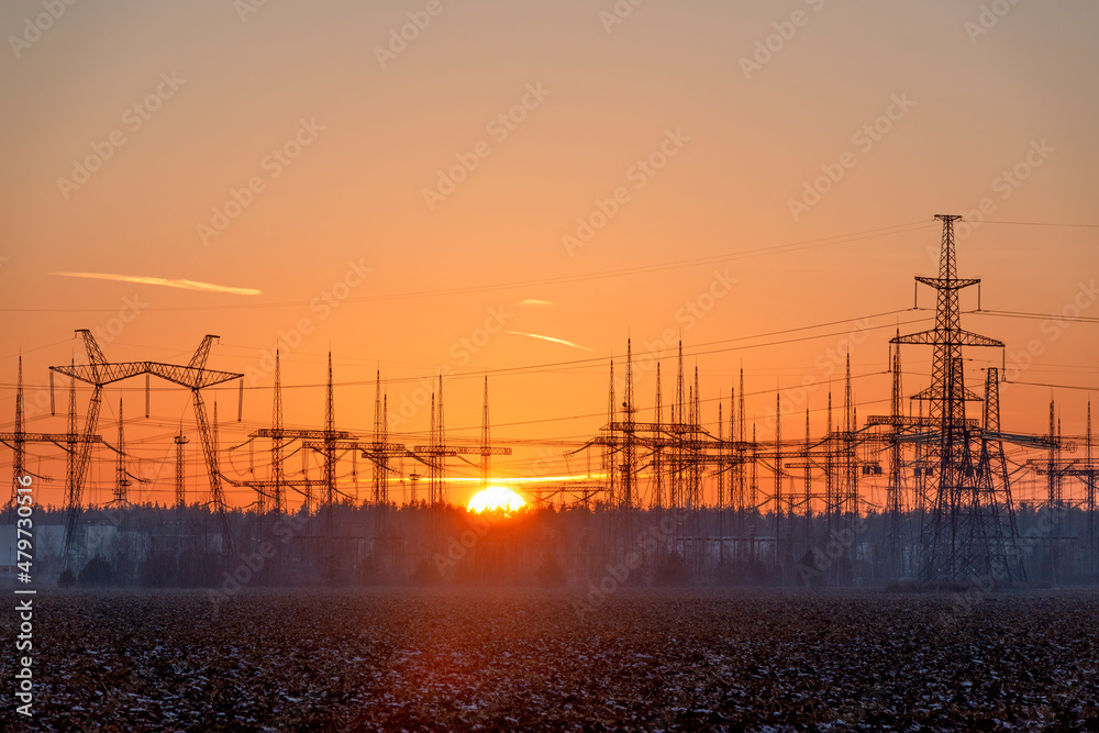electric substation at sunset