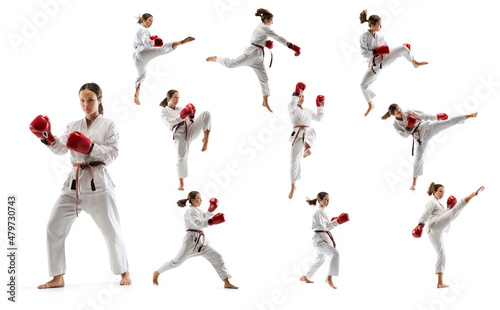 Collage. Sportive young girl  teen  taekwondo athlete training isolated over white background. Concept of sport  education  skills