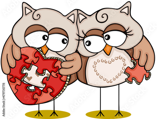 Valentine couple owls with heart puzzle of love